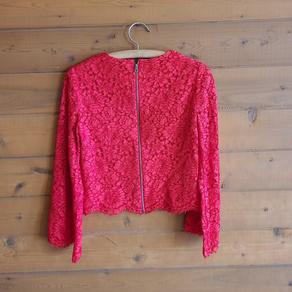 Alice + Olivia Top Pasha Corded Lace Crop Blouse Poppy Red S Flare Sleeve Shirt - Picture 3 of 4